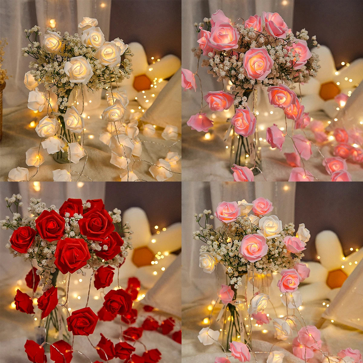 2m 10LED Rose Flowe LED String Lights Garland Wedding Birthday Decor Valentine's Day Gift Christmas Tree Decor for Home Outdoor