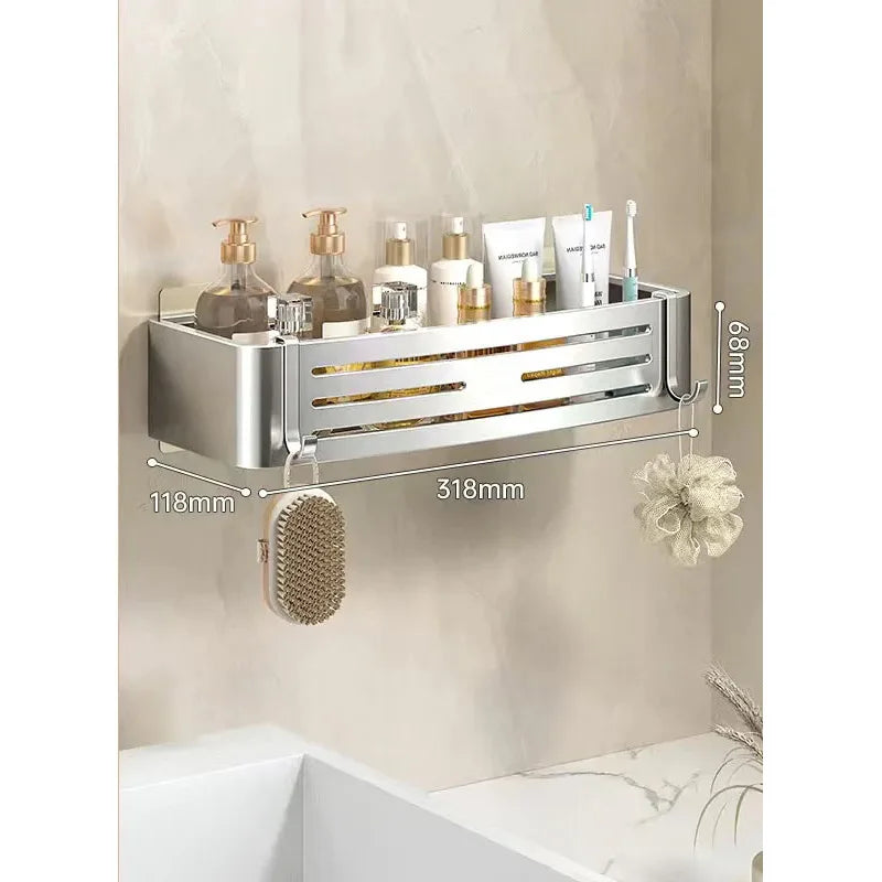 Space Aluminum Bathroom Shelf Self Adhesive Wall Mount Shower Rack No Drill Shampoo Hanger Bath Room Makeup Basket Storage Caddy
