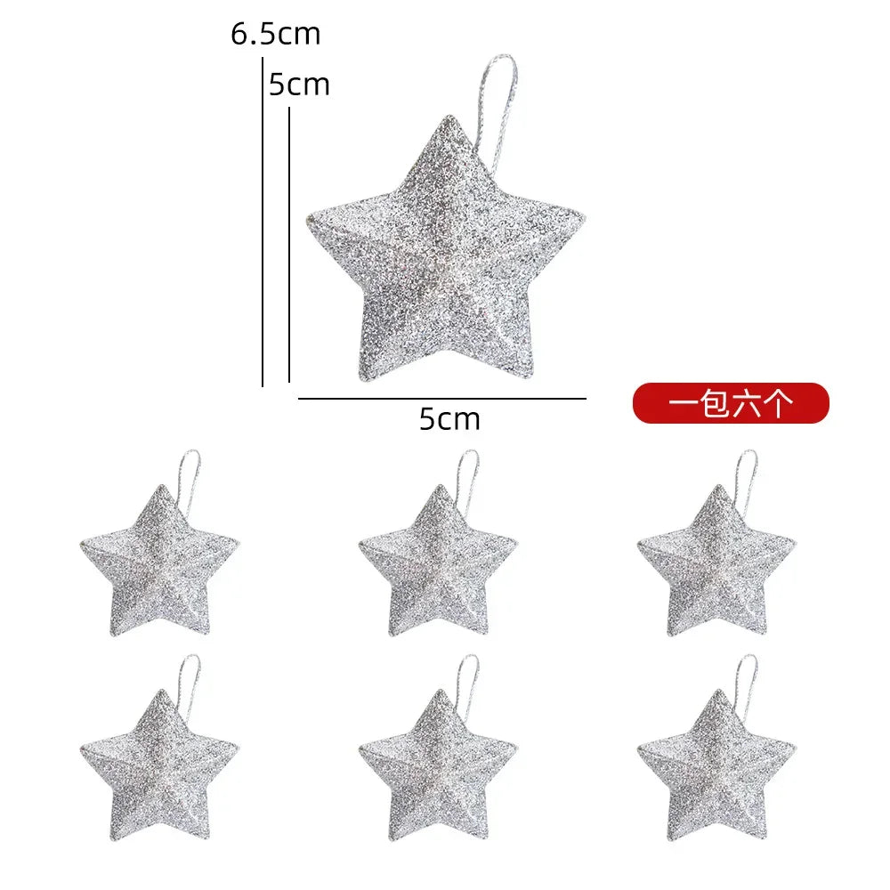 6Pcs Glitter Gold Silver Star Christmas Ornaments Star Embellishments Pendants for Xmas Tree Hanging Christmas Party Decorations