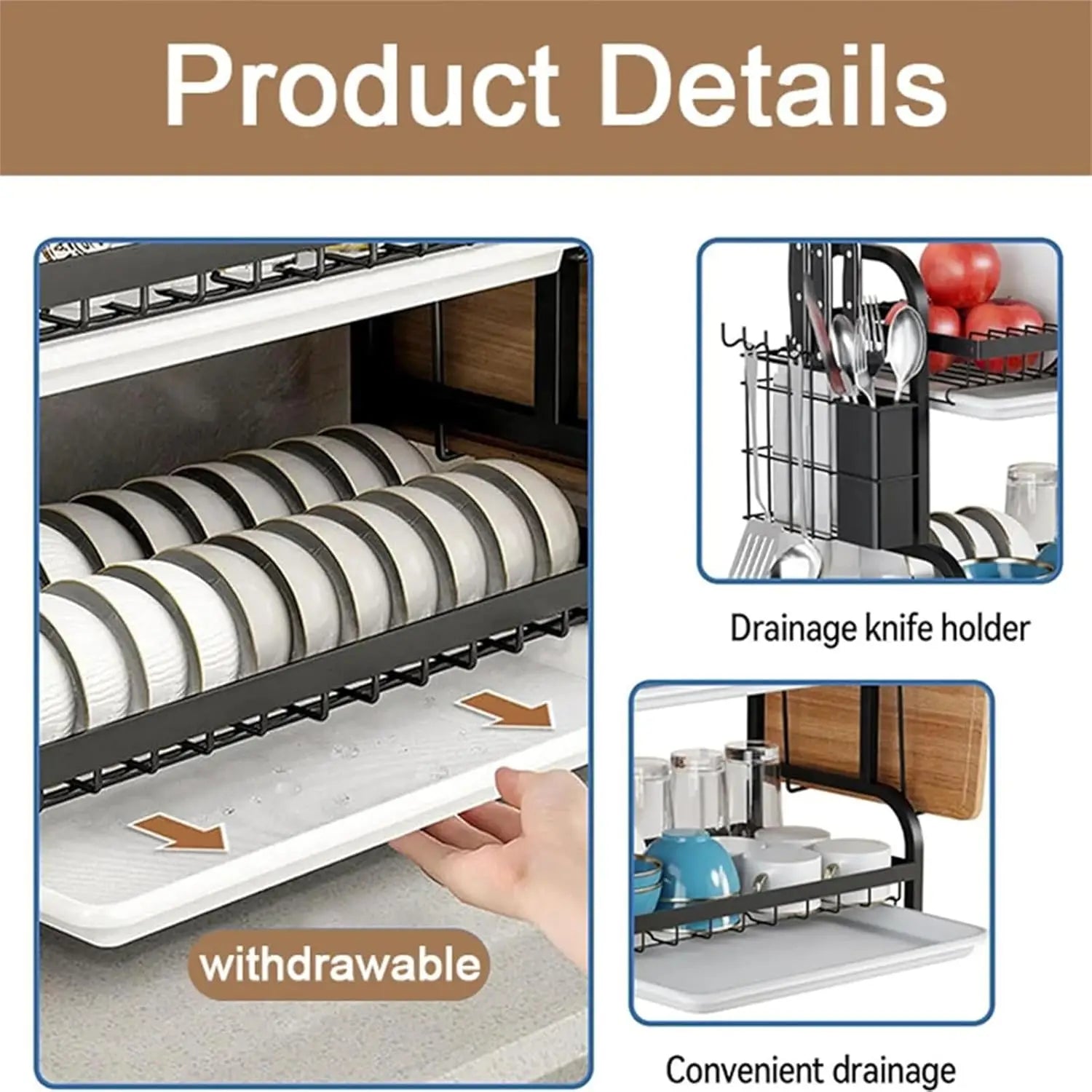 3-Tier Space-Saving Dish Rack with Large Capacity Utensil Storage
