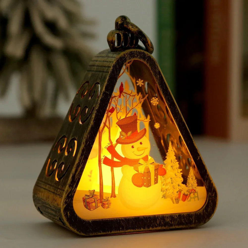 Mini Christmas LED Triangle Lantern Santa Claus Snowman Festival Lamp Indoor Table Ornaments Party Scene Props Home Decoration