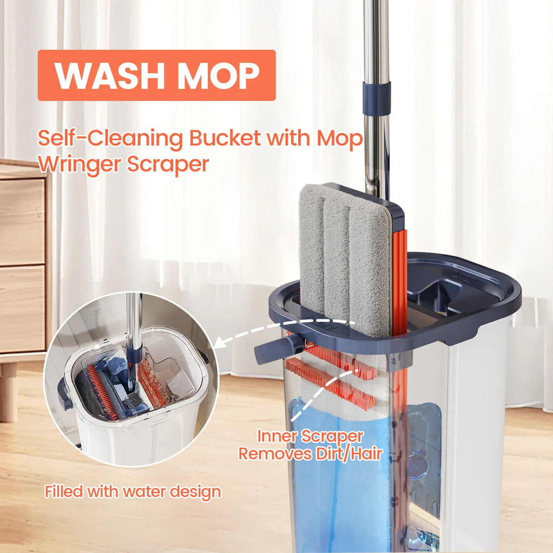 Floor washing mop,, Mop Buckets Separate Clean and Dirty Water,with Bucket Hand Free Lazy Cleaning Mop House Cleaning