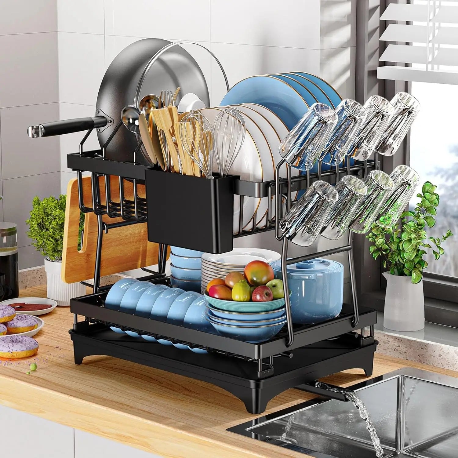 2-Tier Kitchen Dish Drying Rack – Countertop Dish Drainer with Drip Tray
