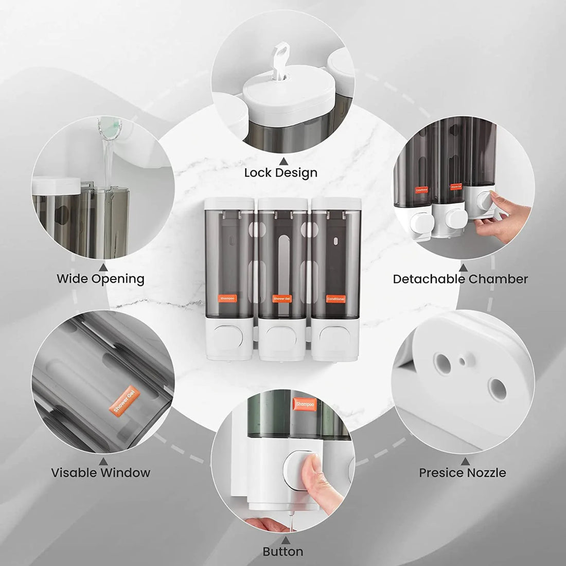 Liquid Soap Dispenser Three-Head  Shower and Lotion Dispenser Waterproof Shampoo Gel Container Wall Mount with Clear Window