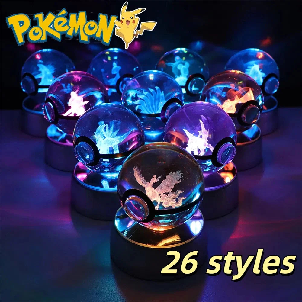 Pokemon 3D Crystal Ball Pikachu Gengar Eevee Mewtwo Anime Game Pokeball Led Night Light Base Kids Birthday Gift Home Decoration
