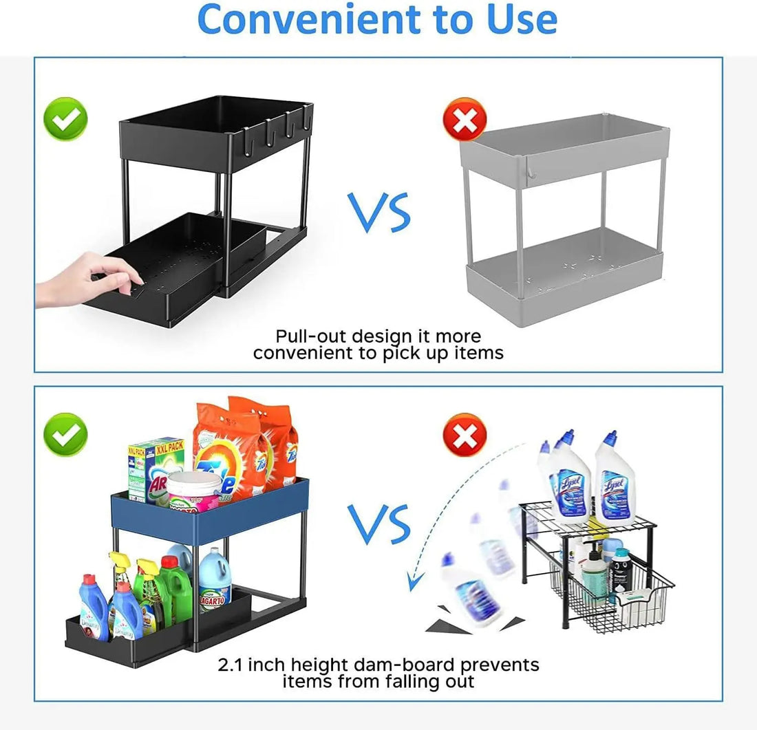 Under Sink Organizers 2 Tier Under Bathroom Cabinet Holder with Hooks & Hanging Cup, Multi-Purpose Storage Shelf for  Kitchen