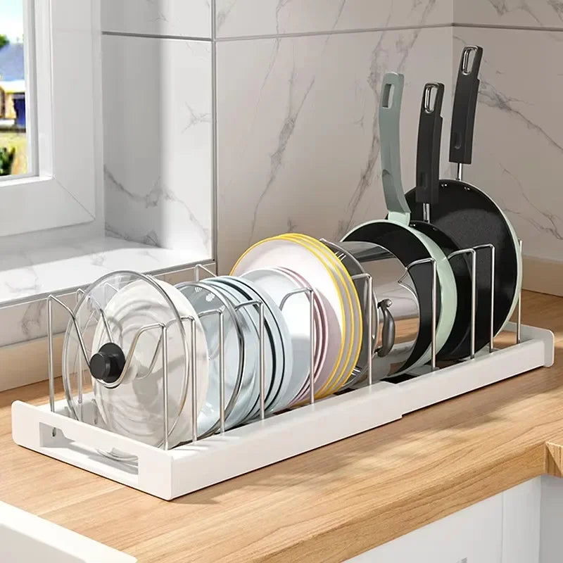 Expandable Pans & Pot Organizer Rack – 7 Adjustable Compartments Dish Storage Rack for Kitchen Cabinet