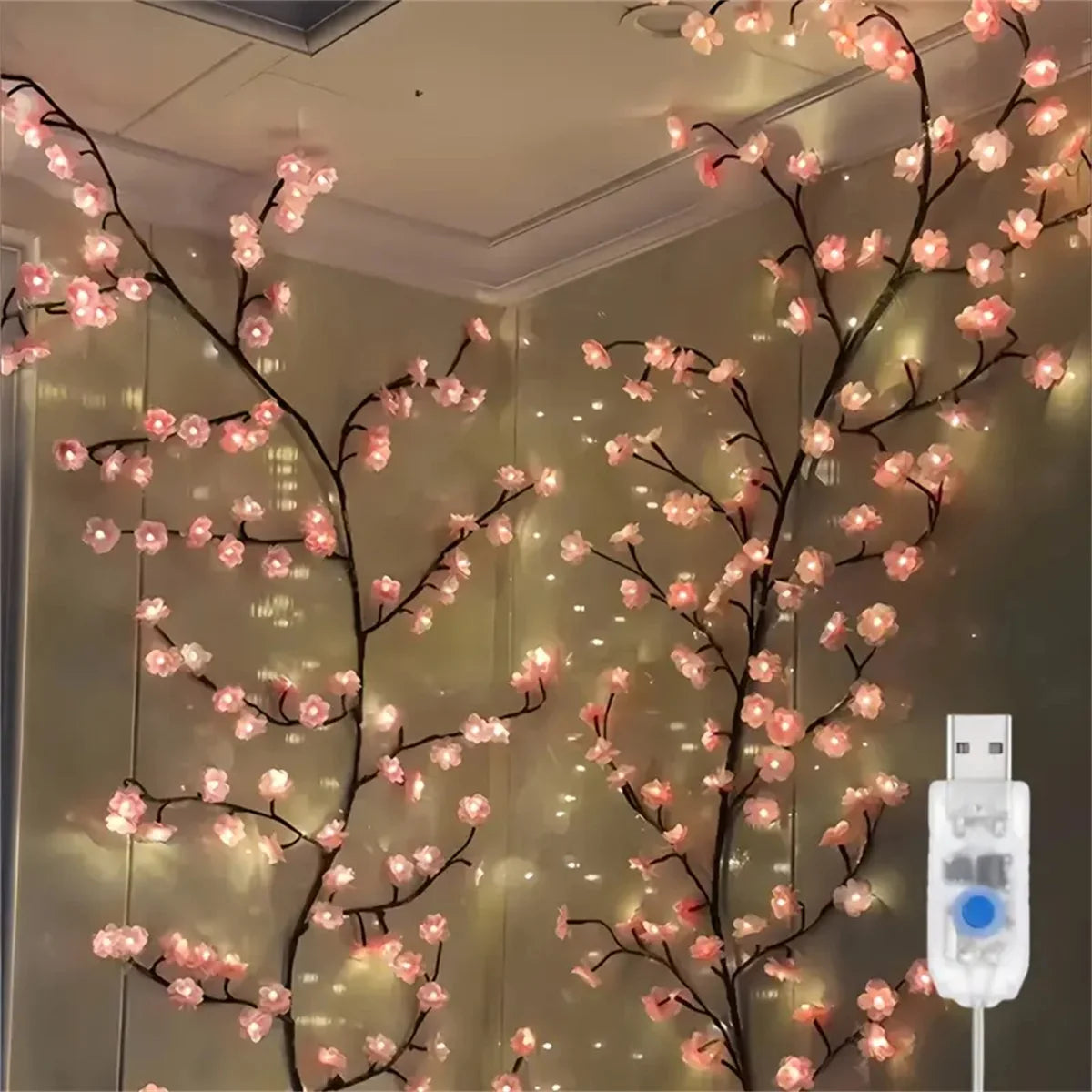 Lámpara de cadena colorida con 96 luces LED USB de ratán con forma de rama de árbol, 8 modos, ideal para San Valentín, Navidad, bodas y dormitorios.
