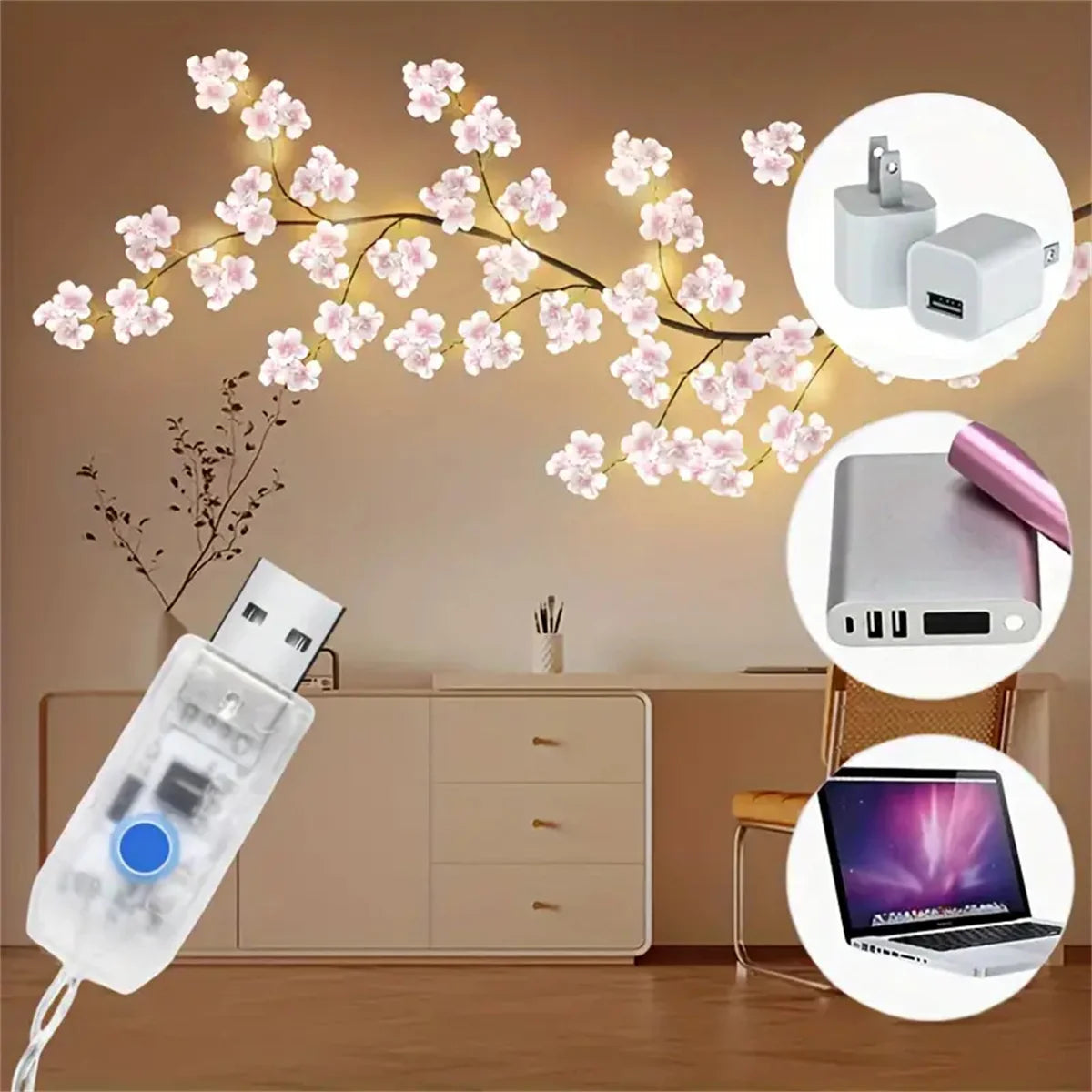 Lámpara de cadena colorida con 96 luces LED USB de ratán con forma de rama de árbol, 8 modos, ideal para San Valentín, Navidad, bodas y dormitorios.