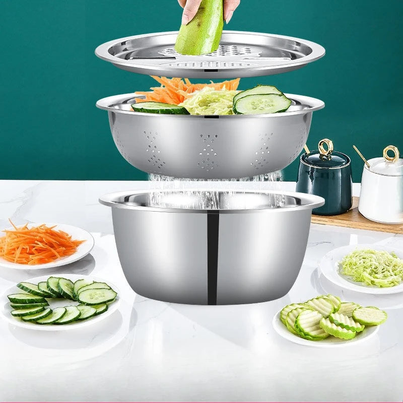 3-Piece Vegetable Slicer Set – Stainless Steel Slicer, Potato Grater & Washing Basin Drain Basket