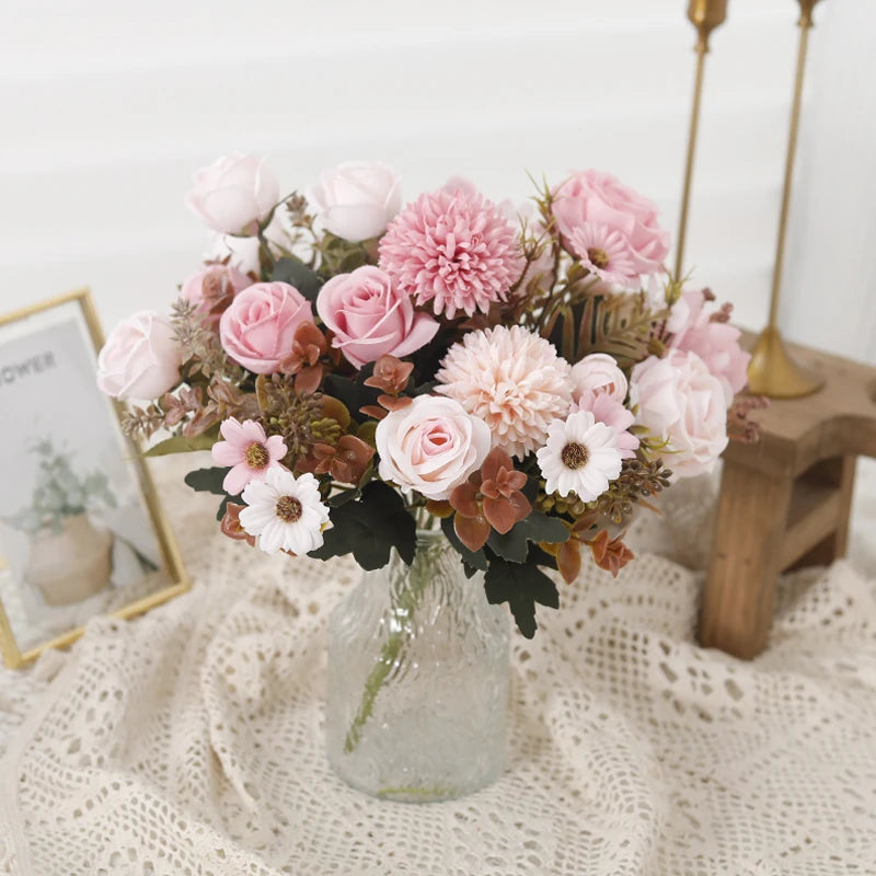 Rose Artificial Dandelion Flowers Bridal Bouquet Fake Floral Garden Wedding Party Living Room Home Table Autumn Christmas Decor
