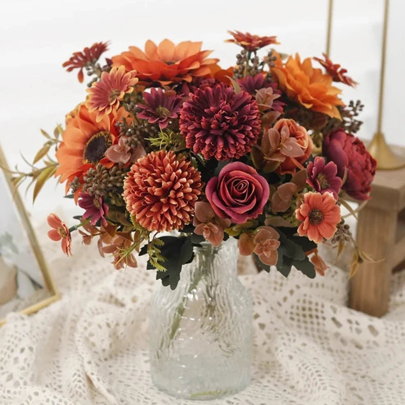 Rose Artificial Dandelion Flowers Bridal Bouquet Fake Floral Garden Wedding Party Living Room Home Table Autumn Christmas Decor