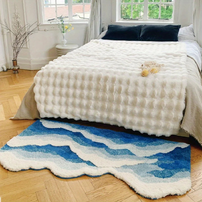 Blue Sea Wave Flocking Rug Bedroom Rug Corridor Area Floor Pad Mat Doormat Aesthetic Home Decor