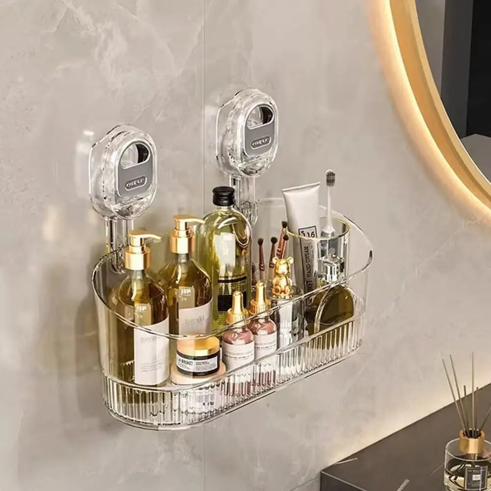 Transparent Suction Cup Makeup Organizer – No-Drill Wall Mounted Cosmetic Storage Box with Large Capacity