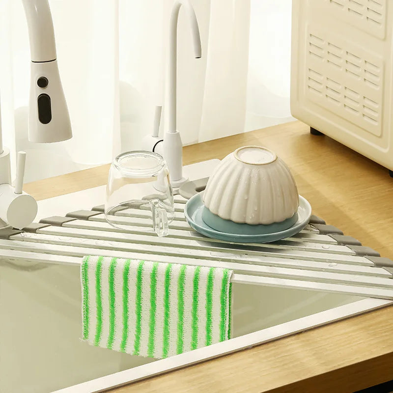Aluminum Triangle Dish Drying Rack Sink Corner Roll Up Folding Drain Basket Sponge Brush Scouring Pad Rag Storage Rack 1Pc