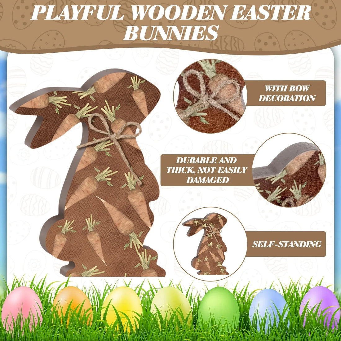 1-5pc Rustic Wooden Easter Bunny Signs Freestanding Rabbit Tabletop Ornament with Bow for Spring Party Home Decor Props Supplies