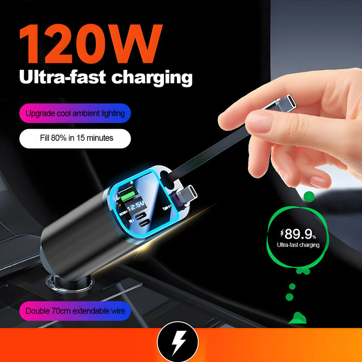 120W Retractable Car Charger with Roof Starlight – USB-C Fast Charger Cigarette Lighter Adapter for iPhone, Huawei & Samsung