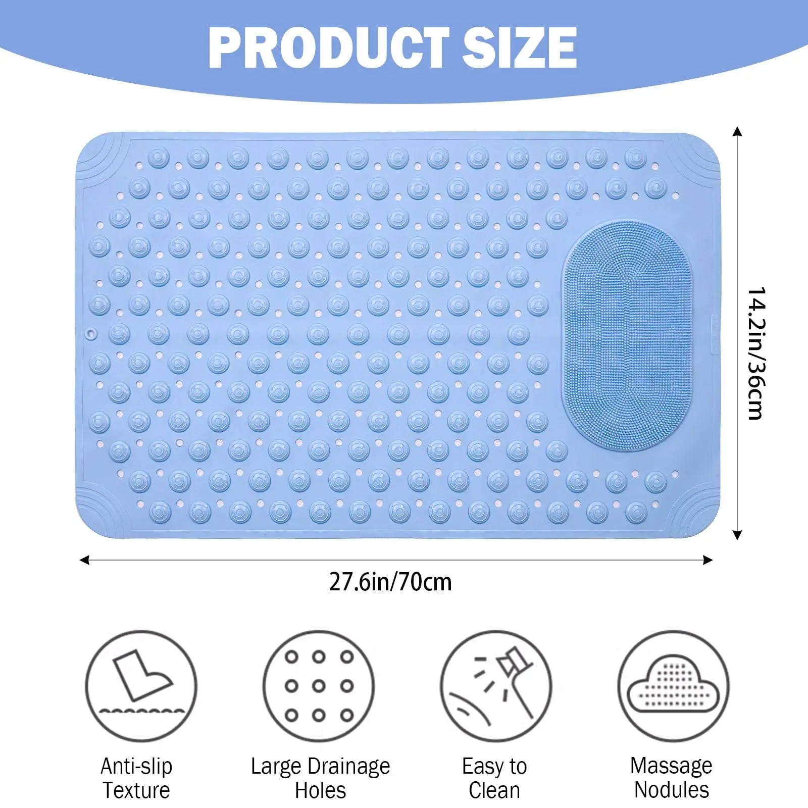 Non-Slip Massage Bath Mat – TPR Shower Rug with 145 Suction Cups, Drain Holes & Foot Scrubber
