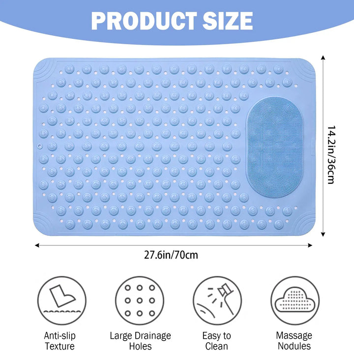 Non-Slip Massage Bath Mat – TPR Shower Rug with 145 Suction Cups, Drain Holes & Foot Scrubber