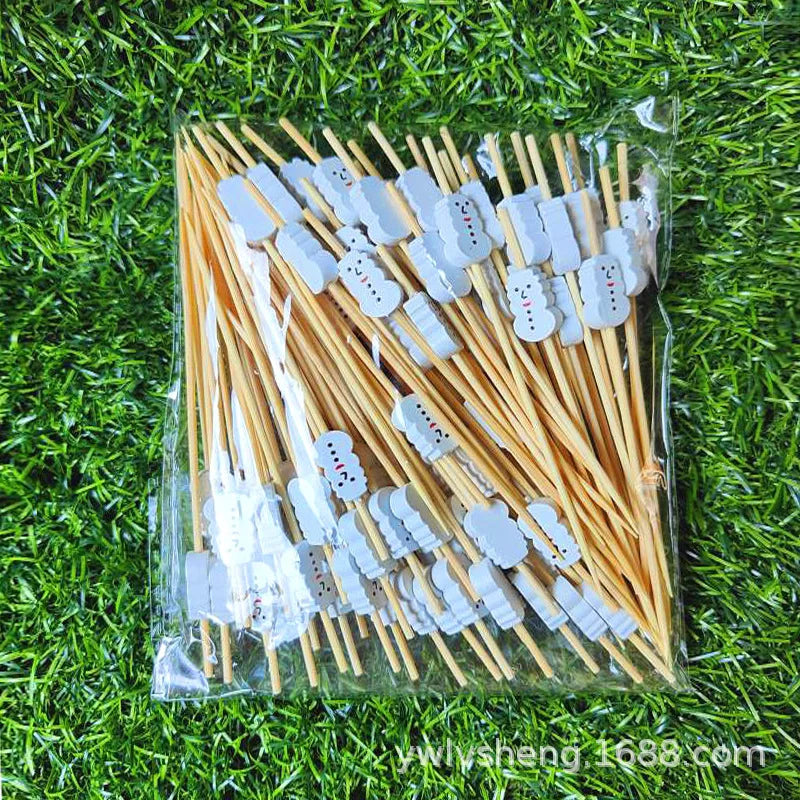 50/100pcs Christmas Fruit Sticks Disposable Bamboo Sticks Snowflake Christmas Tree Elk Santa Claus Snowman Sticks Xmas Ornaments