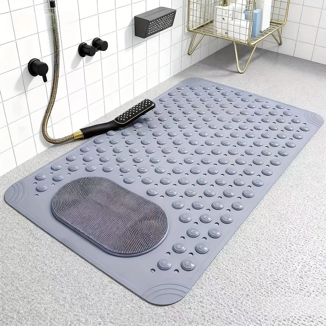 Non-Slip Massage Bath Mat – TPR Shower Rug with 145 Suction Cups, Drain Holes & Foot Scrubber
