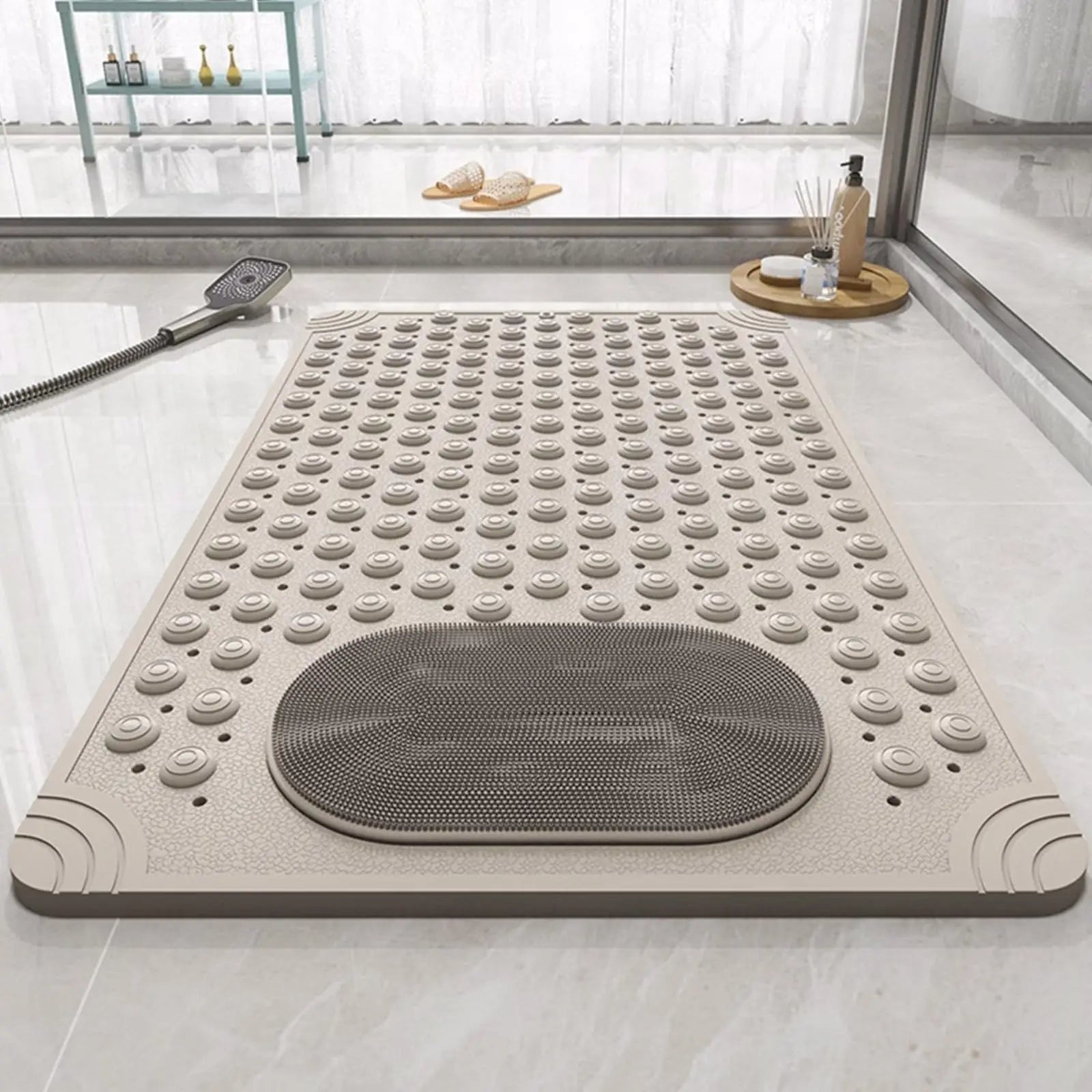 Non-Slip Massage Bath Mat – TPR Shower Rug with 145 Suction Cups, Drain Holes & Foot Scrubber