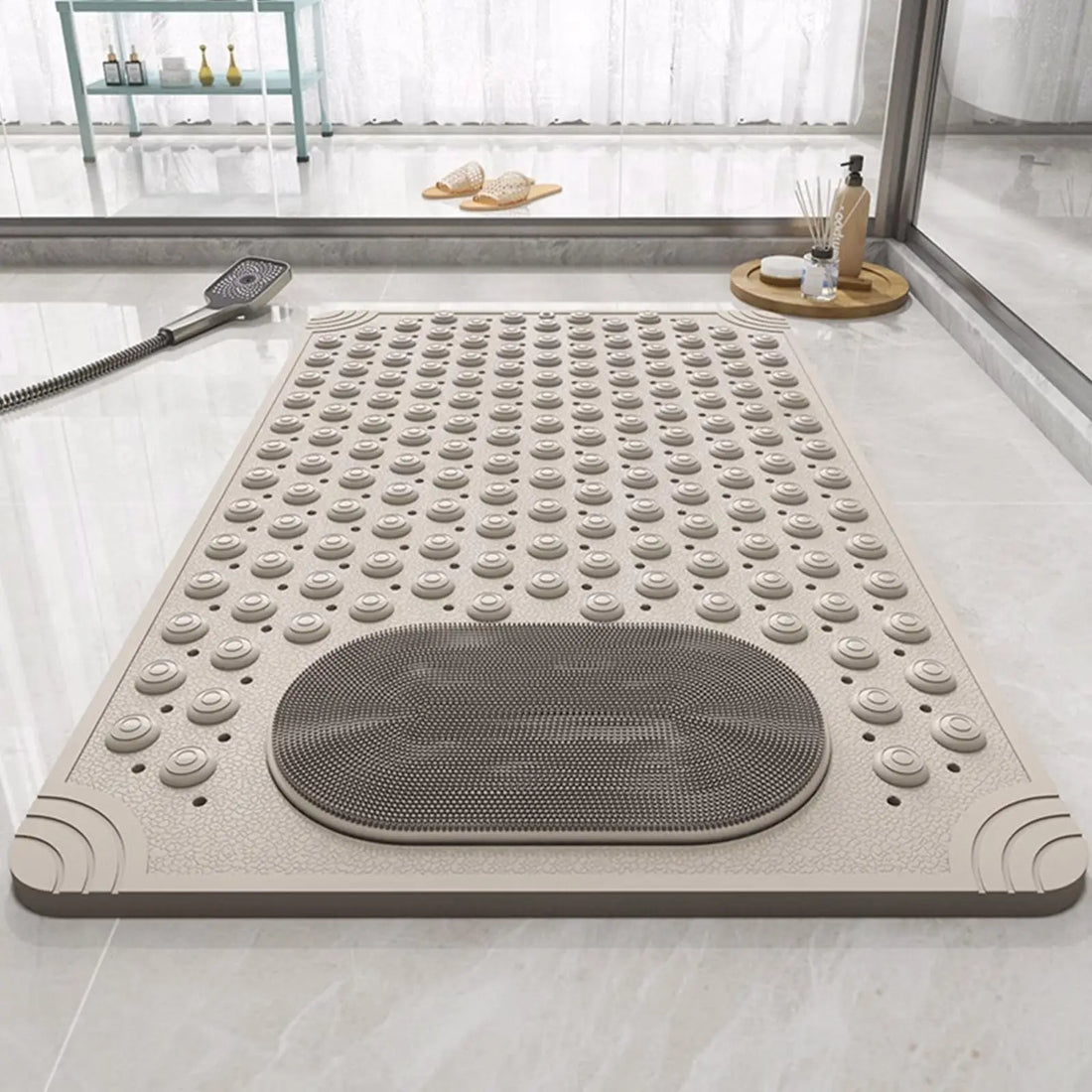 Non-Slip Massage Bath Mat – TPR Shower Rug with 145 Suction Cups, Drain Holes & Foot Scrubber