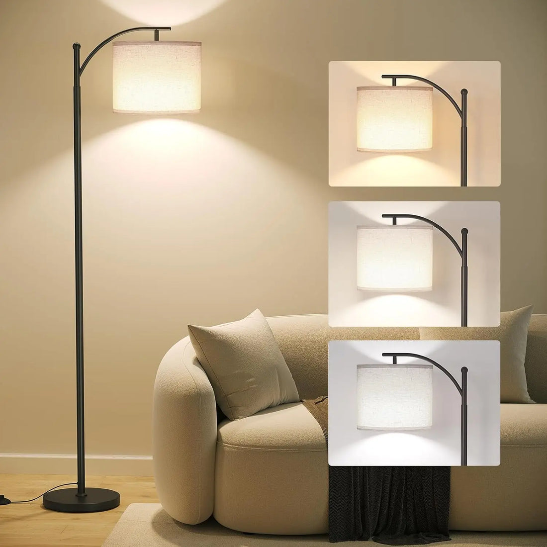 Arc Floor Lamp Modern Floor Lamp with 3 Color Temperatures Bulb Standing Lamps with Adjustable Hanging Lampshade for Living Room