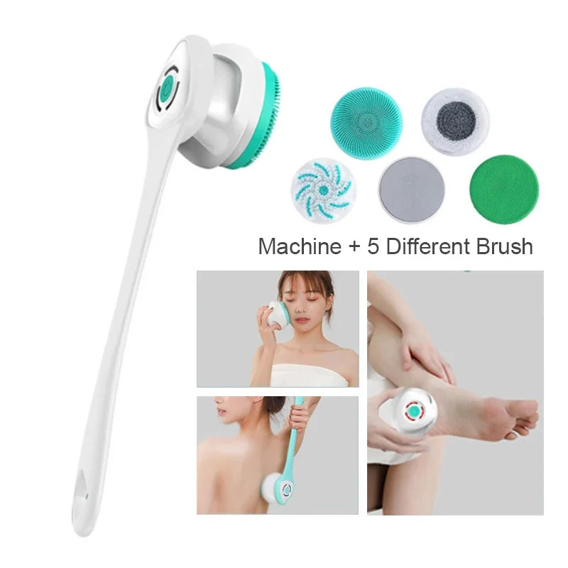 5 in 1 Electric Shower Cleaning Brush Set Rechargeable Long Handle Silicone Back Rubbing Brush for Bath Body Cleaning & Massage