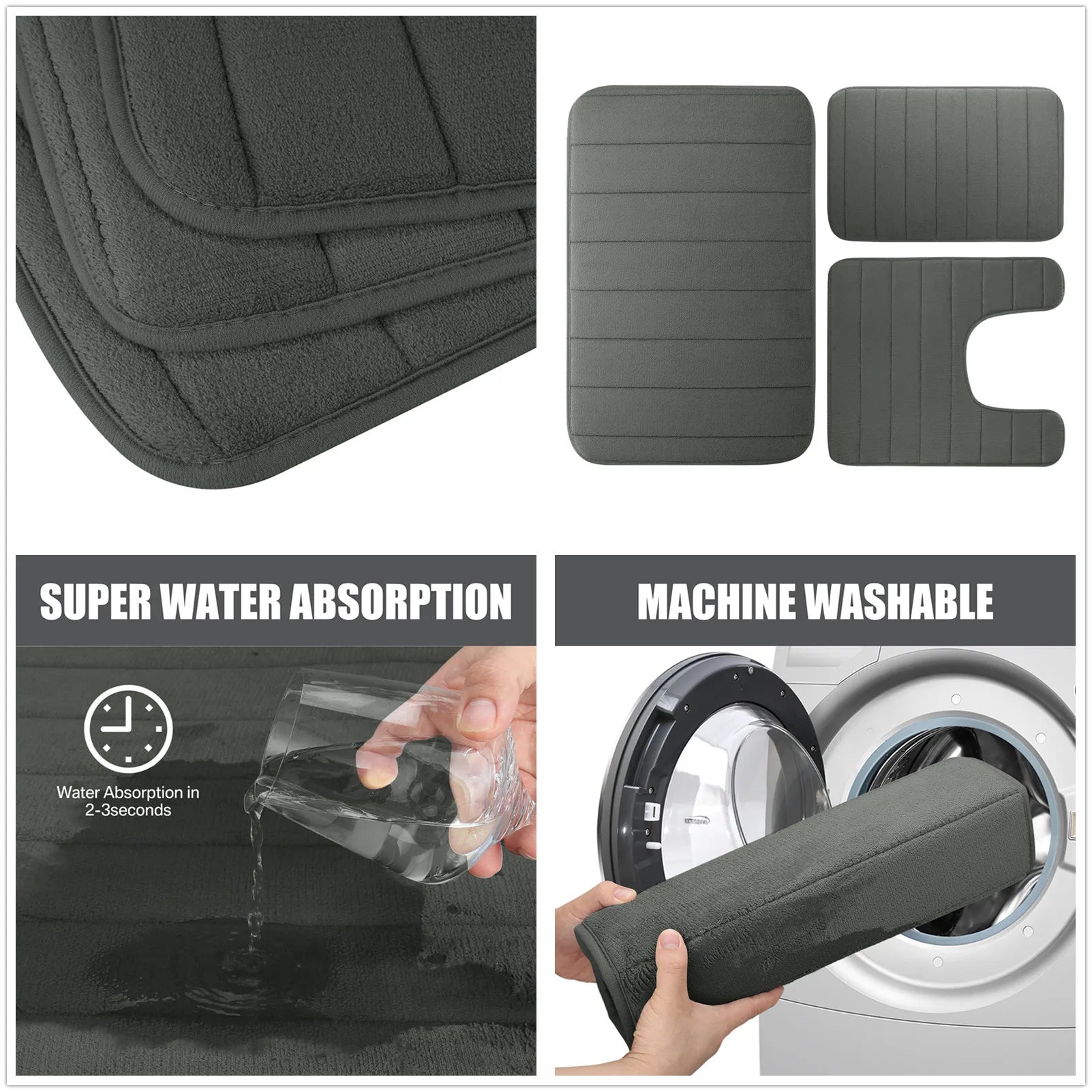 Velvet Memory Foam Bathroom Rug Set Of 3 Water Absorption Non Slip Extra Soft Bath Mats Machine Washable&Dry Toilet Floor Mat