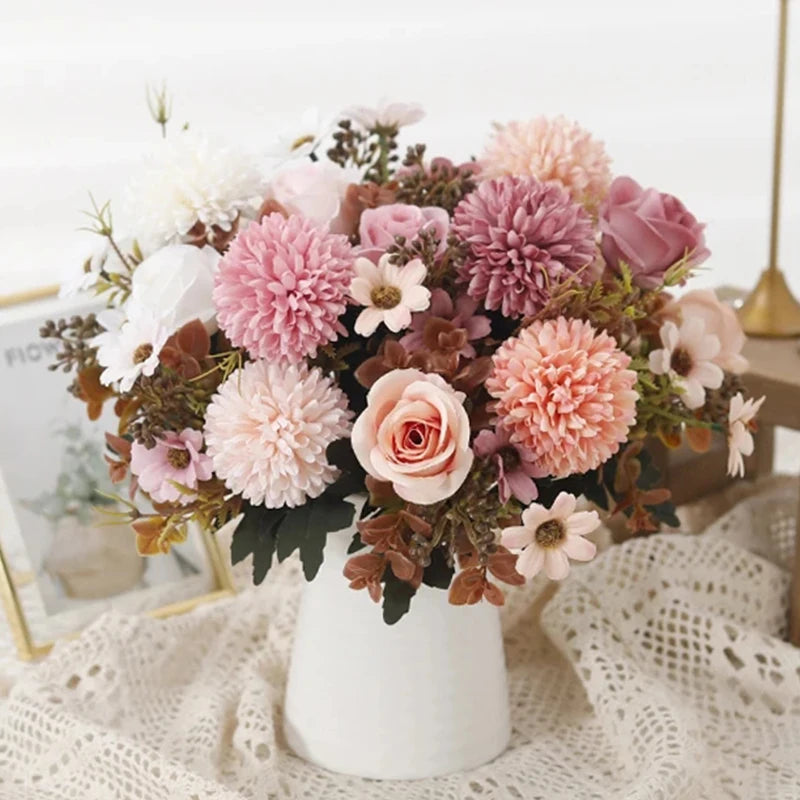 Rose Artificial Dandelion Flowers Bridal Bouquet Fake Floral Garden Wedding Party Living Room Home Table Autumn Christmas Decor