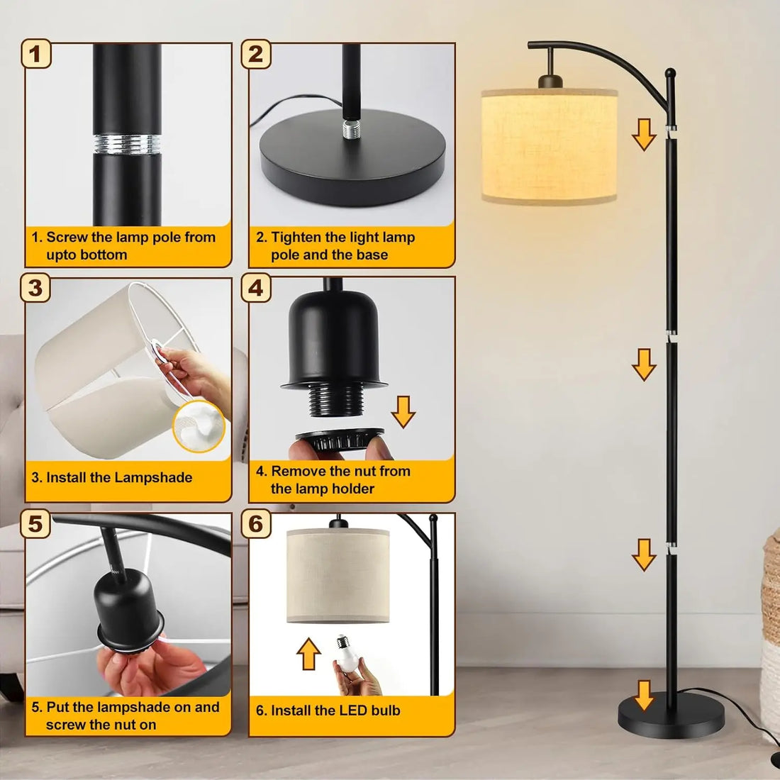Arc Floor Lamp Modern Floor Lamp with 3 Color Temperatures Bulb Standing Lamps with Adjustable Hanging Lampshade for Living Room
