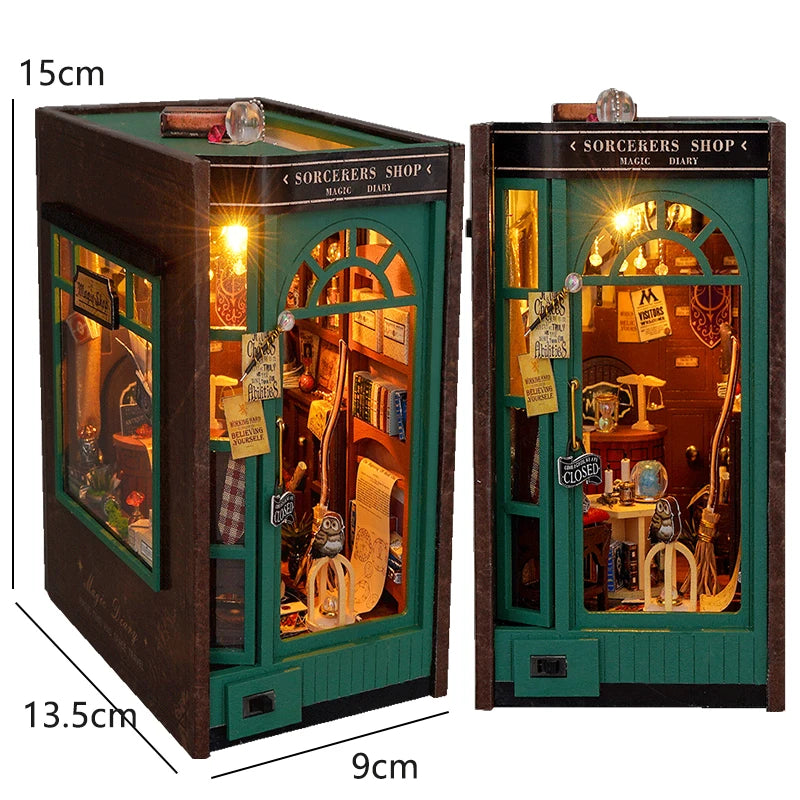 DIY Book Nook Kit Bookend Kit Wooden Doll House Bookshelf Insert Decor With Warm Light 3D Puzzle Assembly Building Model Gifts