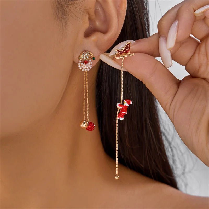 New Design Moving Santa Claus Tassel Dangle Earrings for Women Christmas Tree Snowflake Asymmetric Long Earring New Year Jewelry