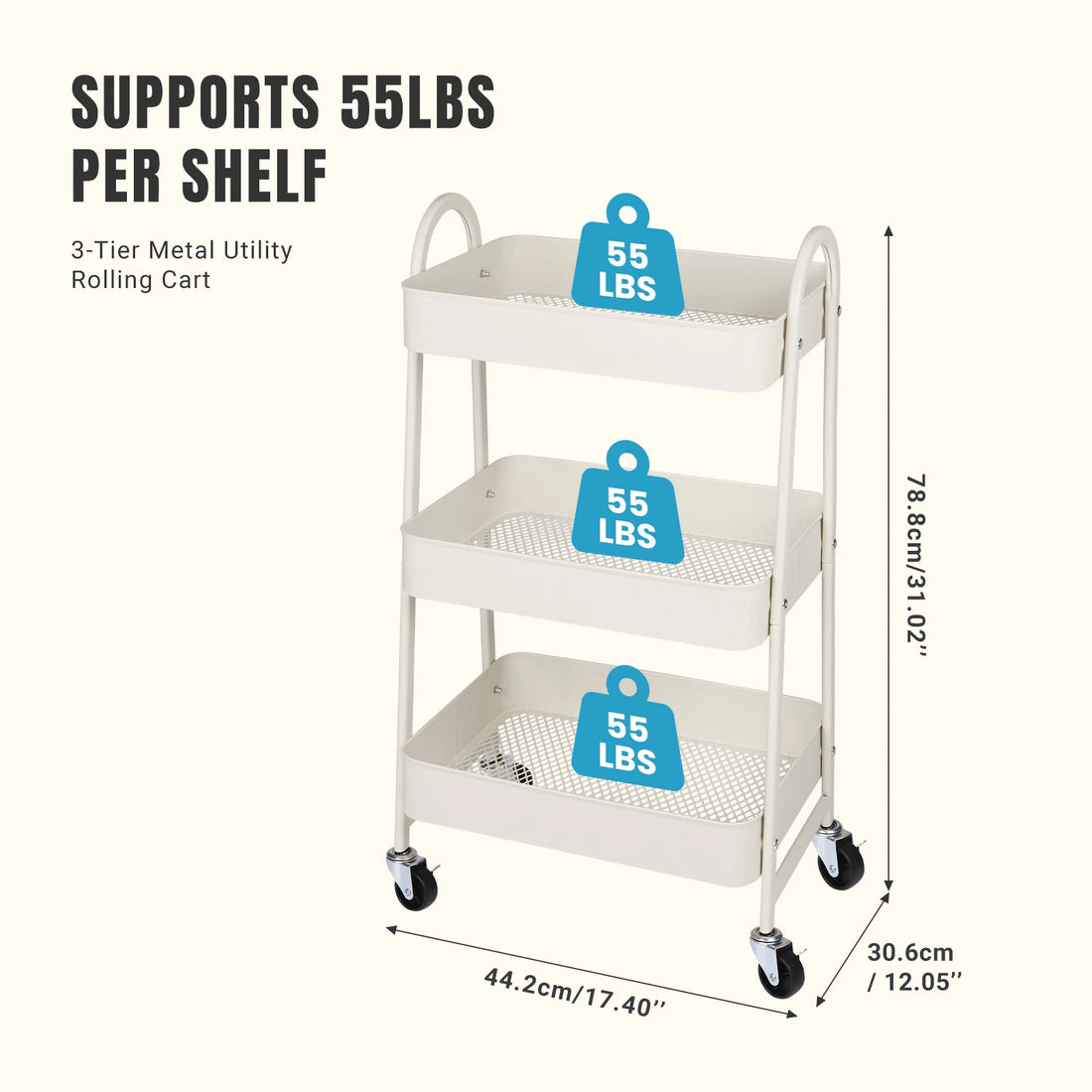 JHK 3 Tier Metal Storage Kitchen Cart with Lockable Wheels Mobile Shelving Unit Utility Rolling Organizer For Home Narrow Places