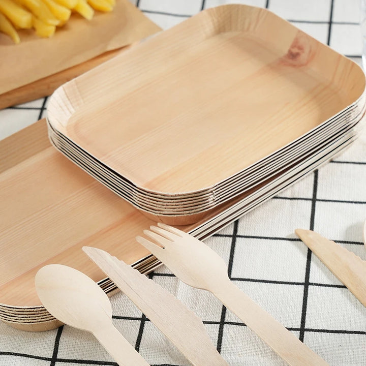 10/20pcs Disposable Rectangle Wood Plates Paper Tray Tableware Desserts Bread Salad Dinner Party Table Accessorie Container