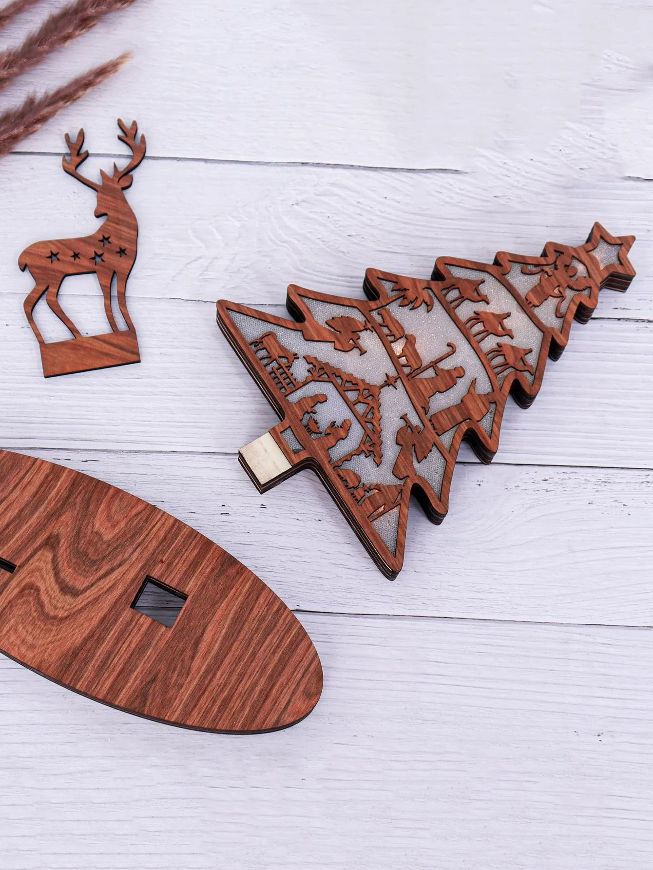 3pcs Christmas Tree Shape Luminous Wooden Nativity Scene Ornaments Elk Christmas Decorations Ornaments Party Decorations