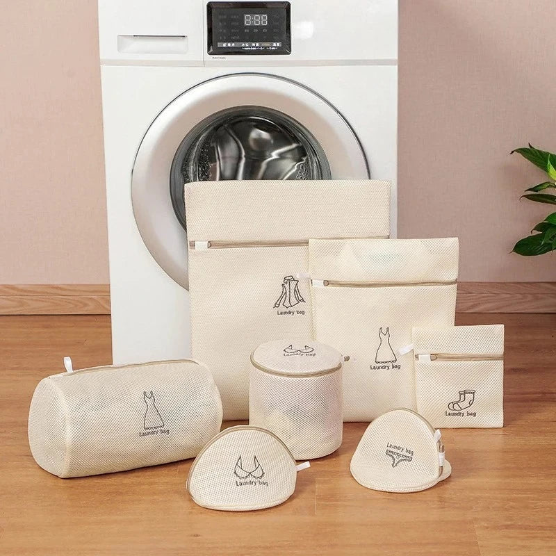 Embroidery Print Laundry Bag Set7Pcs Fine Mesh Washing Pouch for Delicates Household Clothes Cleaning Machine Washable Organizer
