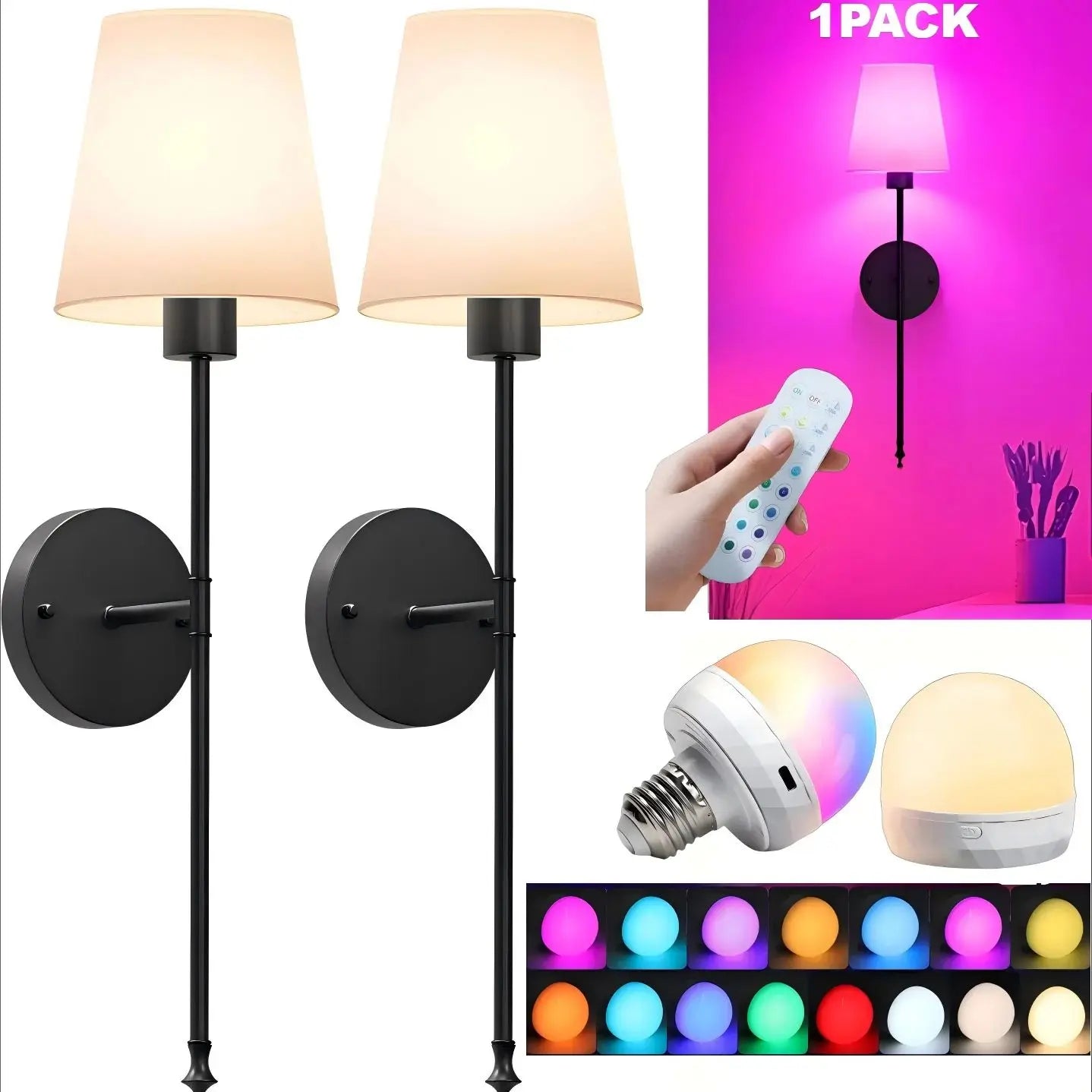 Wireless Rechargeable Wall Sconce with Remote – Dimmable LED Wall Light in Amber, Warm White & RGB