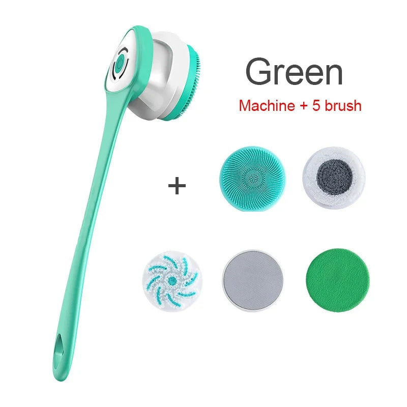5 in 1 Electric Shower Cleaning Brush Set Rechargeable Long Handle Silicone Back Rubbing Brush for Bath Body Cleaning & Massage