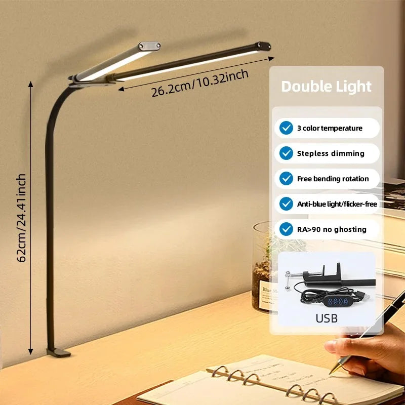 LED Desk Lamp Single Double Head with Stepless Dimming 3 Color Eye-Caring For Home Office Reading Light Adjustable Flexible Lamp