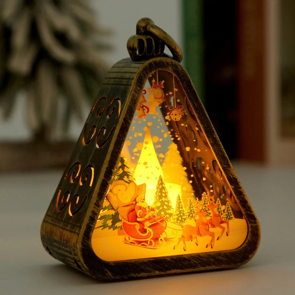 Mini Christmas LED Triangle Lantern Santa Claus Snowman Festival Lamp Indoor Table Ornaments Party Scene Props Home Decoration