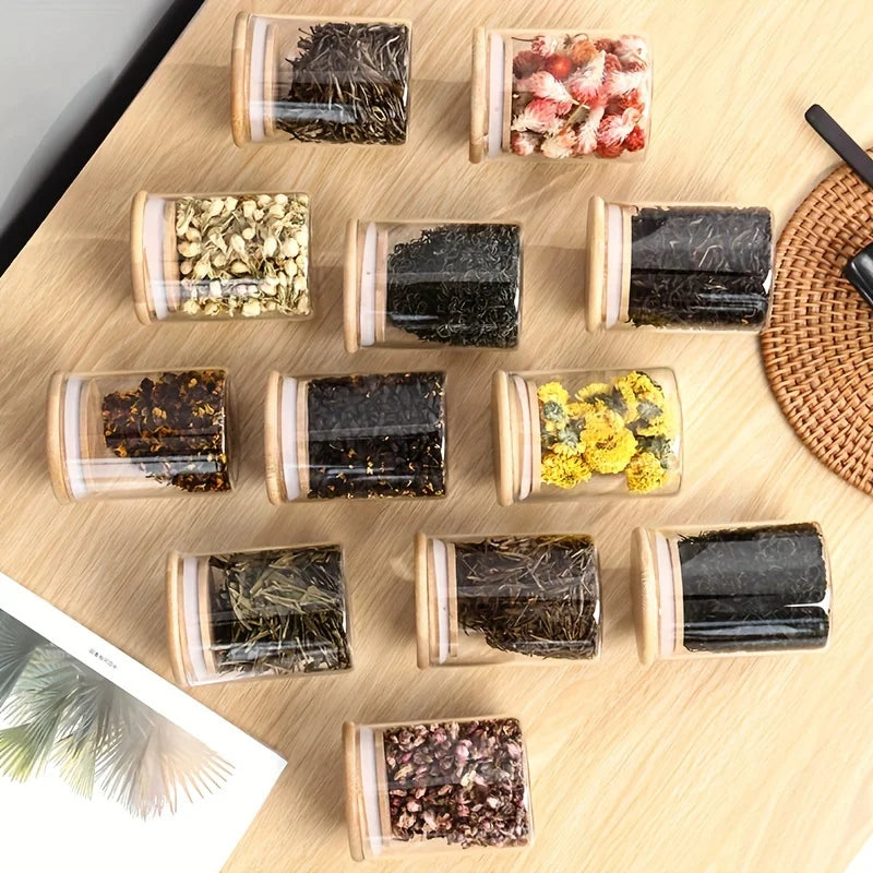 12Pcs Glass Spice Jars with Bamboo Lid,8oz Airtight Spice Containers with Black Labels,Empty Seasoning Jars for Spice Salt Sugar