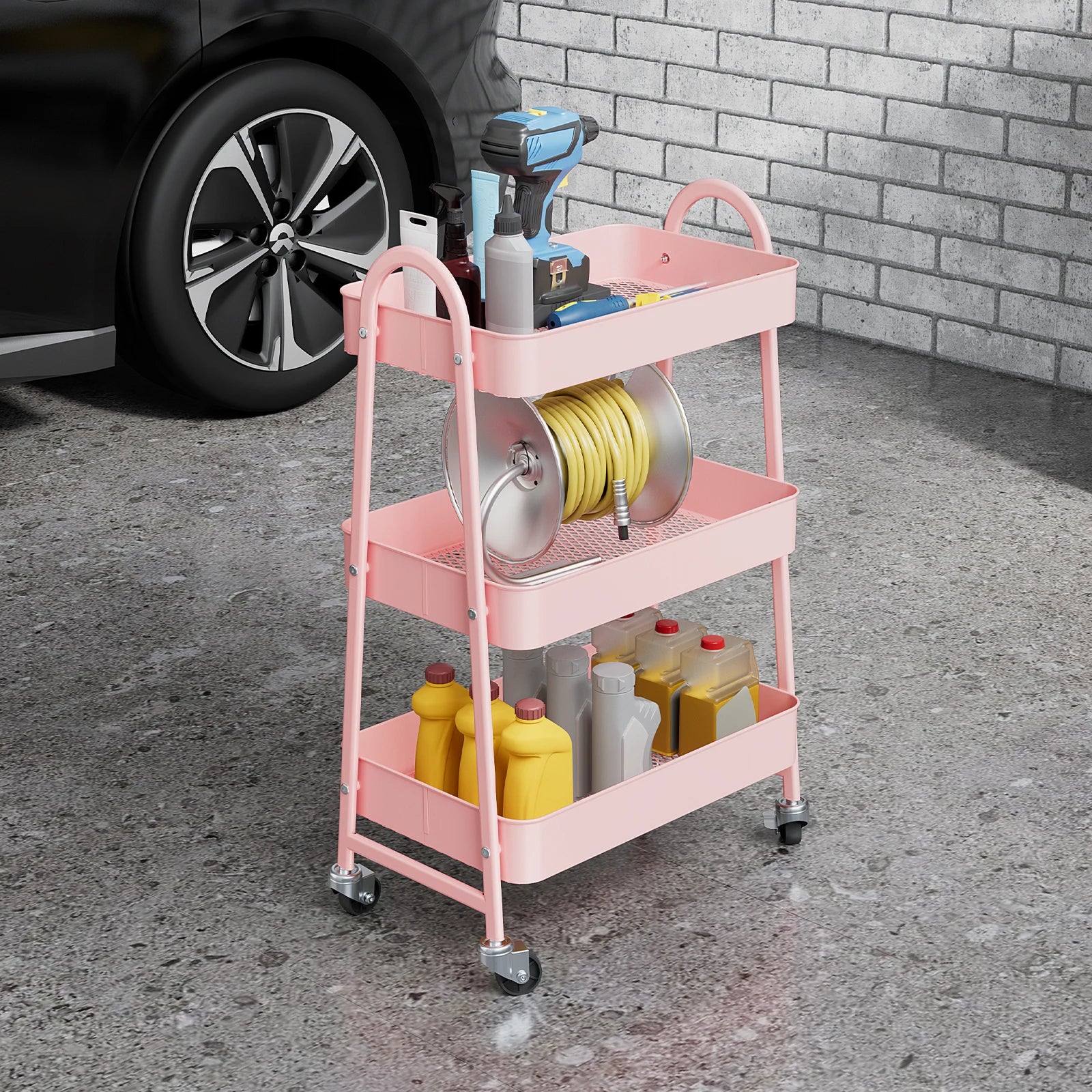 JHK 3 Tier Metal Storage Kitchen Cart with Lockable Wheels Mobile Shelving Unit Utility Rolling Organizer For Home Narrow Places