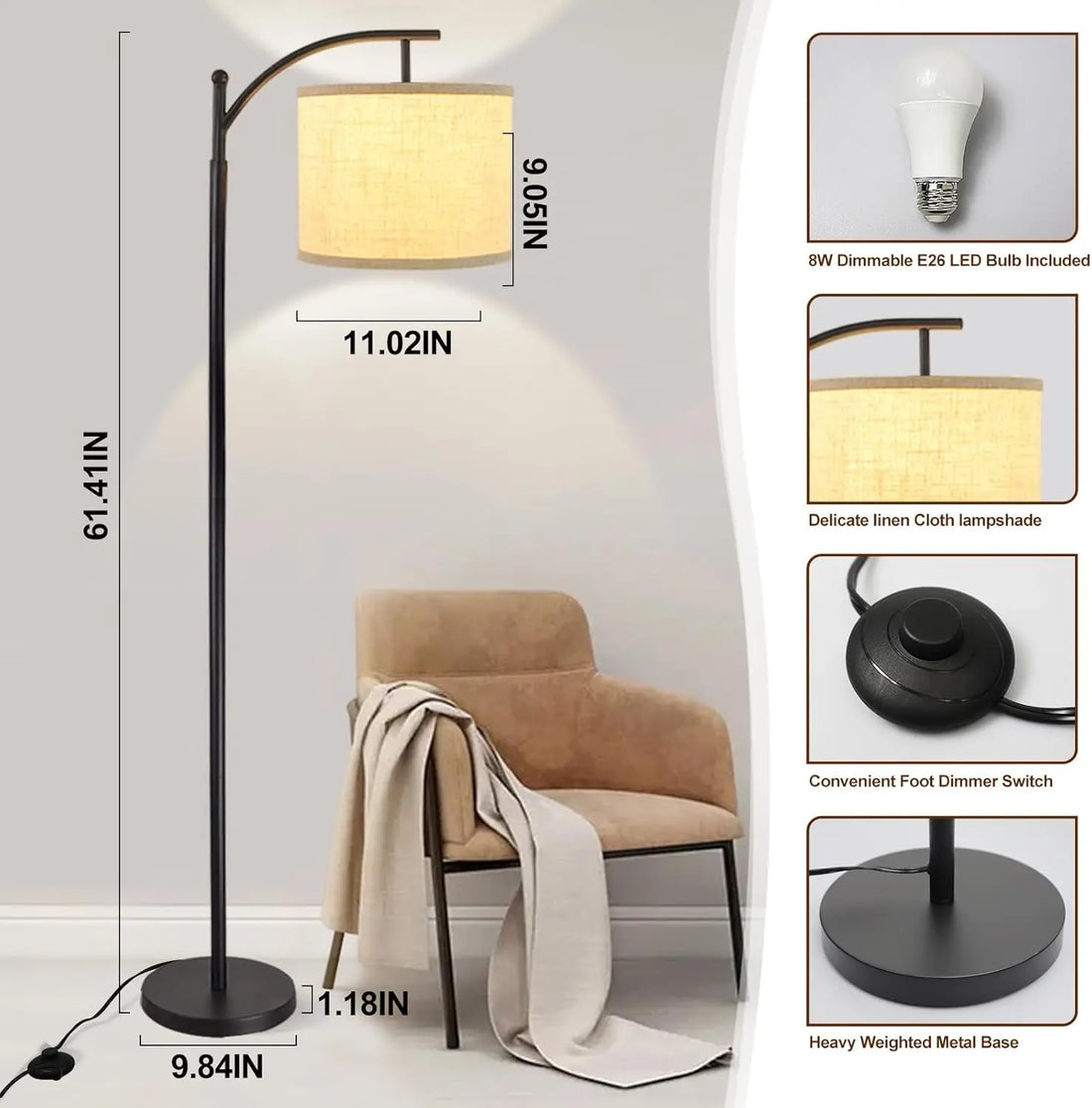 Arc Floor Lamp Modern Floor Lamp with 3 Color Temperatures Bulb Standing Lamps with Adjustable Hanging Lampshade for Living Room