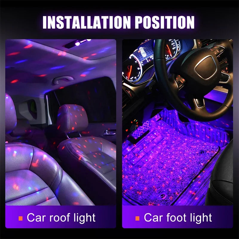 2-in-1 LED Car Starry Sky Atmosphere Lamp – USB RGB Roof Star Light with Remote & Wireless Ambient Party Light