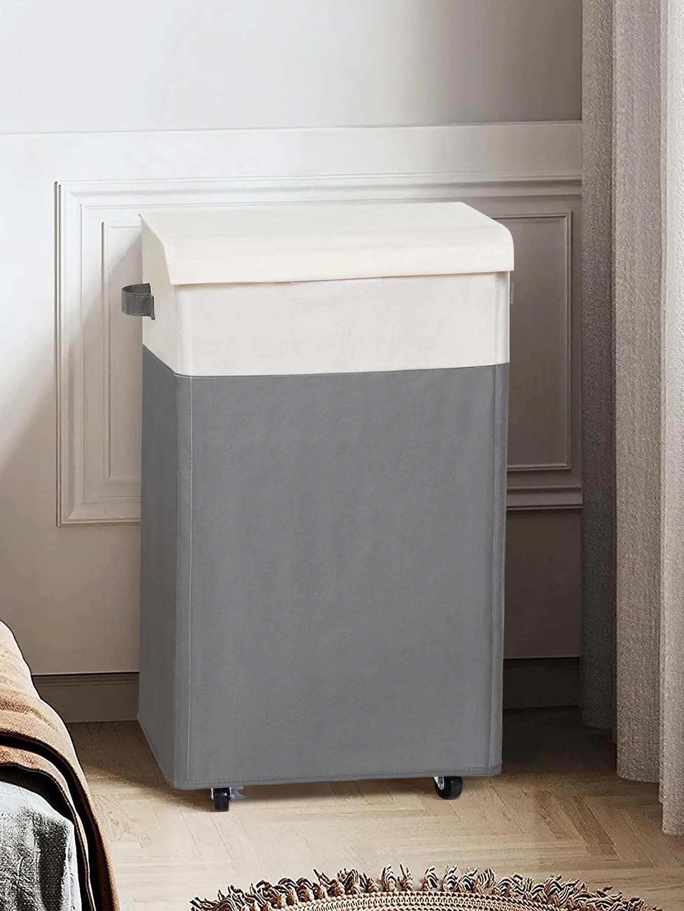 65L Wheeled Laundry Basket with Cover, Tall Oxford Fabric Hamper, Portable Foldable Clothes Organizer Bin