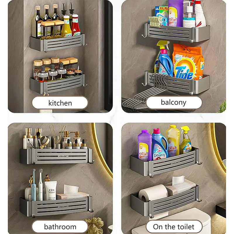 Space Aluminum Bathroom Shelf Self Adhesive Wall Mount Shower Rack No Drill Shampoo Hanger Bath Room Makeup Basket Storage Caddy