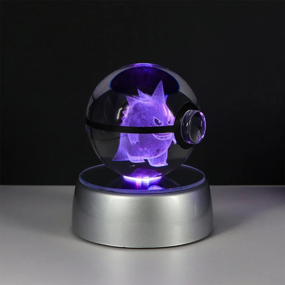 Pokemon 3D Crystal Ball Pikachu Gengar Eevee Mewtwo Anime Game Pokeball Led Night Light Base Kids Birthday Gift Home Decoration