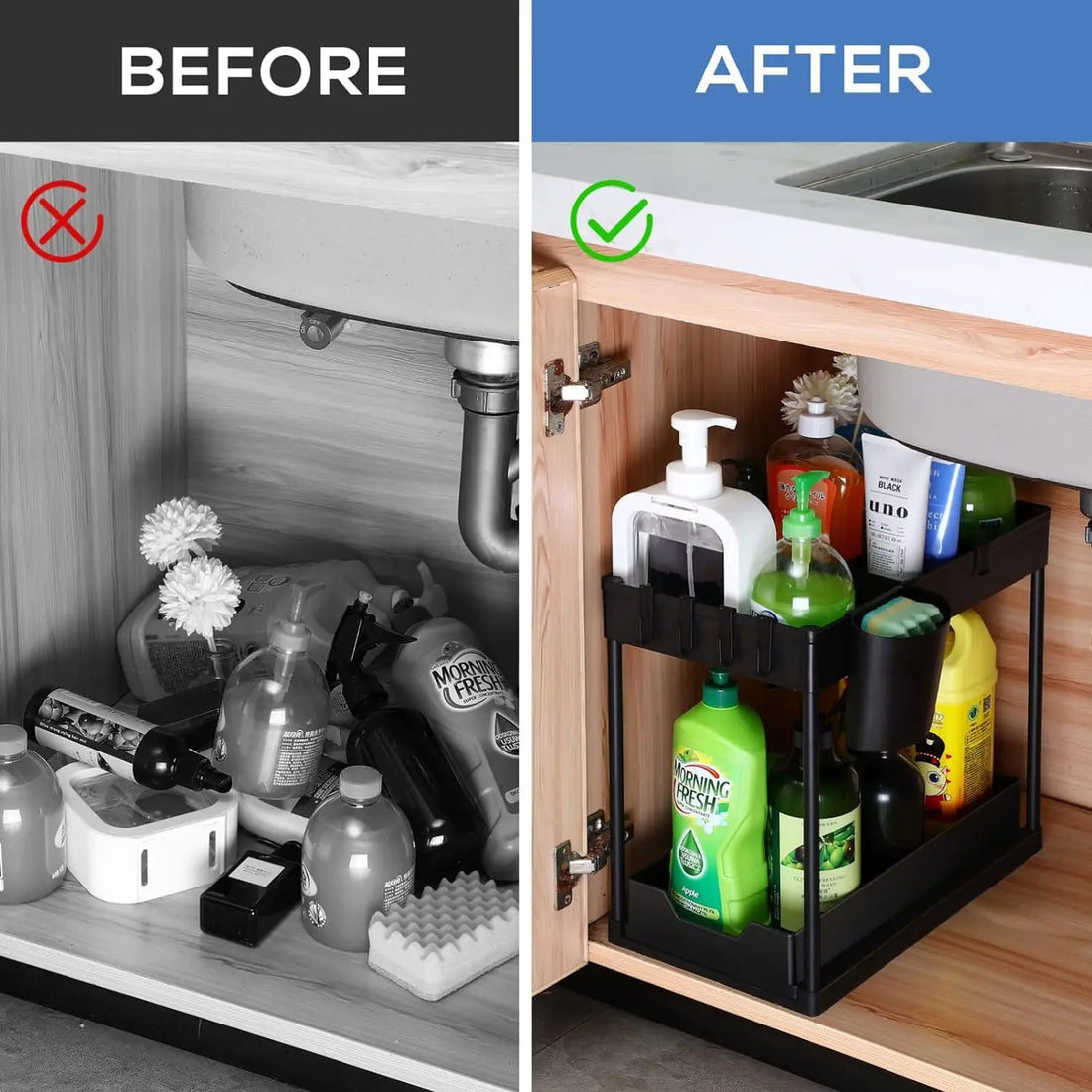 Under Sink Organizers 2 Tier Under Bathroom Cabinet Holder with Hooks & Hanging Cup, Multi-Purpose Storage Shelf for  Kitchen